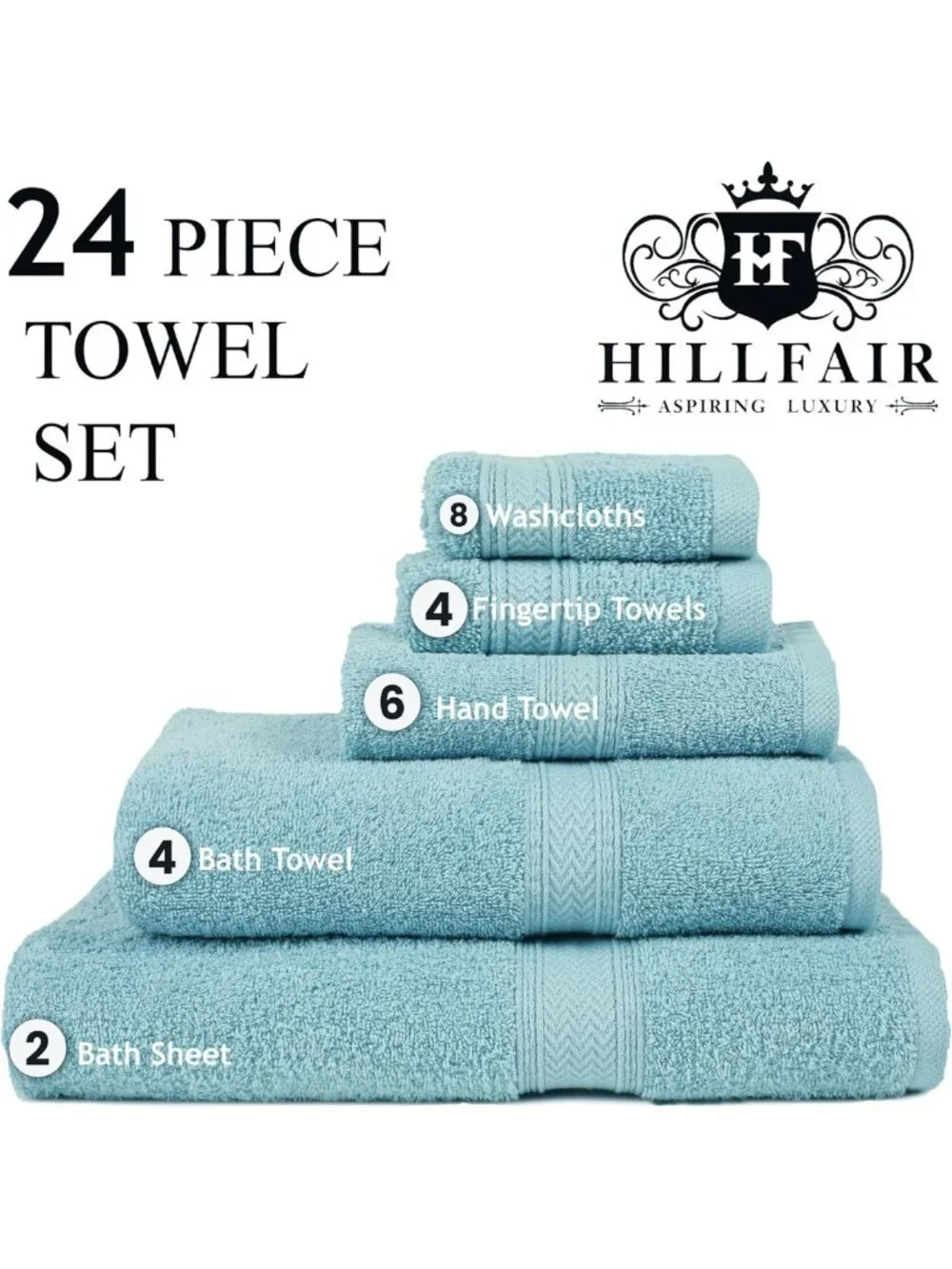 100% Cotton 24-Piece Bath Towel Set - Soft, Absorbent, Ocean Blue for Bathroom